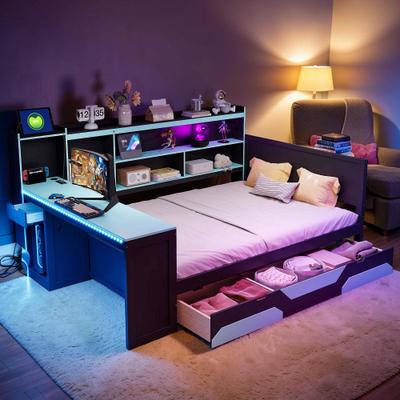 Fundinbaths Gaming Daybed with Desk and LED Lights, Wooden Bed Frame with Storage Drawers, Charging Station, Bookcase Headboard