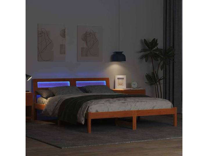 Structure de lit avec tête de lit - UU - 160x200 cm - Pin massif - Brun cire - Bandes LED intégrées - Sans sommier