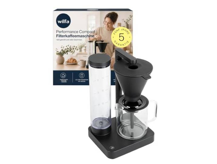Wilfa PERFORMANCE COMPACT Filterkaffeemaschine in Schwarz I Kompakte Kaffeemaschine mit 1600W & 1L Wassertank I ECBC-zertifiziert mit 92–96 °C Brühtemperatur, Frischwasser-Technologie & Tropfstopp