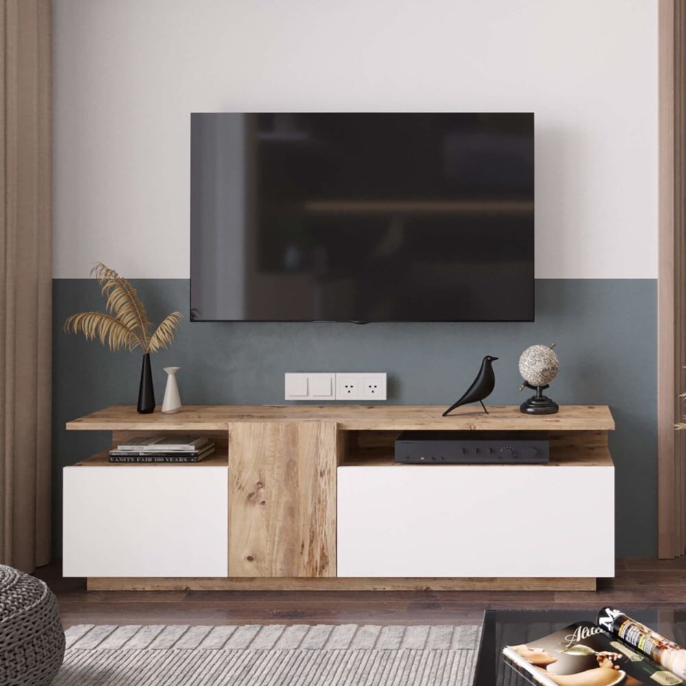 Mobili Rebecca Mueble tv con 3 puertas en aglomerado color roble y blanco