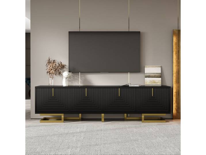 Meuble TV noir - 160x38x44.5cm - Meuble TV 4 portes - Style contemporain - Pieds en métal - Armoire TV - Meuble TV de salon moderne