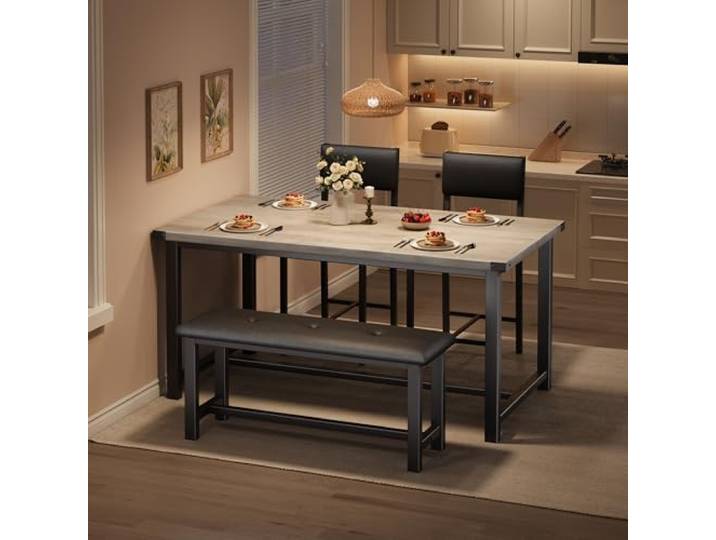 Garvee Esstisch Set 4-Teilig, Esszimmertisch Mit 2 Gepolsterte Stühlen & Banken Esszimmergruppe Für 4 Personen Rechteckig Küchentisch-Set Für Wohnzimmer, Esszimmer, Küche, Grau
