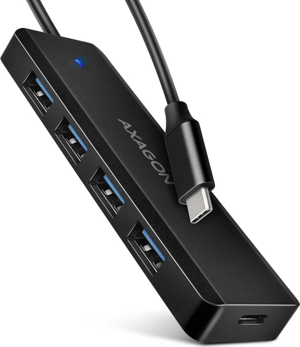 AXAGON HUE-C1C TRAVEL Hub, USB-C 5Gbps, 4x USB-A, USB-C power IN, Kabel 19 cm