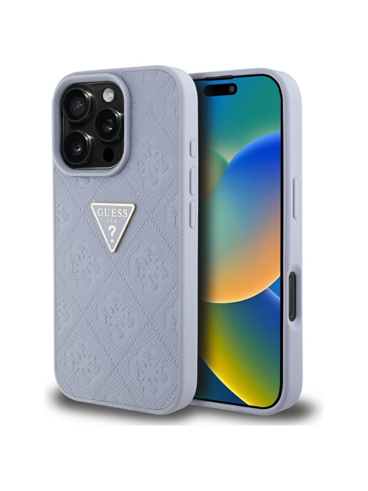 GUESS Hot Stamp 4G Pattern Triangle Metal Logo iPhone 16 Pro Case - Purple