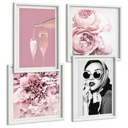 BILDER SET 4er Set - 50x50 cm & 40x60 cm Weißer Rahmen - Blumen, Pfingstrosen, Rosen, Eleganz
