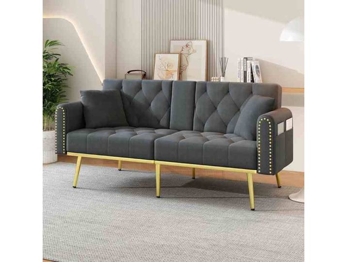 Canapé-lit - HIBA - Canapé-lit Double Escamotable - 3 positions inclinables - Velours gris - Porte-gobelets pliable