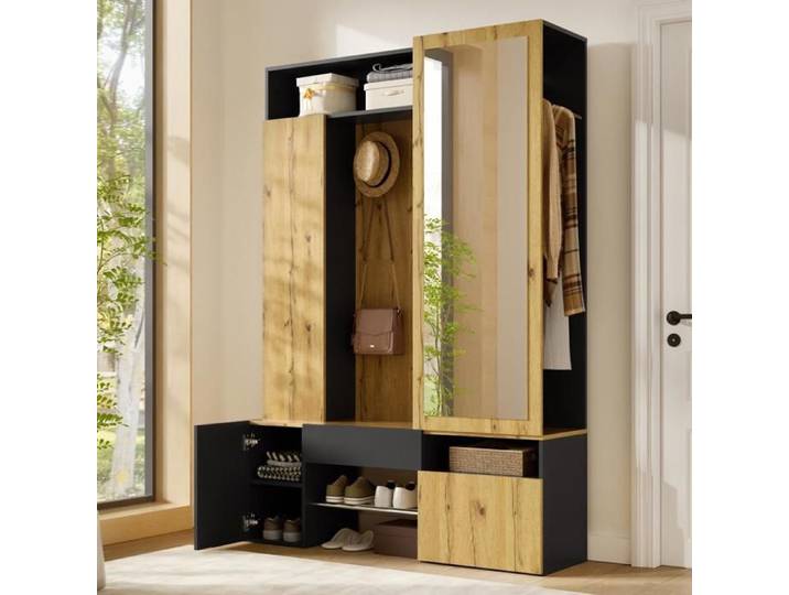 Ensemble de Vestiaire d'Entrée Armoire de Couloir Moderne avec Miroir Armoire à Chaussures Tringle à Vêtements Tiroir Noir+Naturel