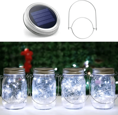 Inspire Curations 20 LED Solar Mason Jar Lid Lights Waterproof Fairy Firefly Lights With Handles white Light 1pcs