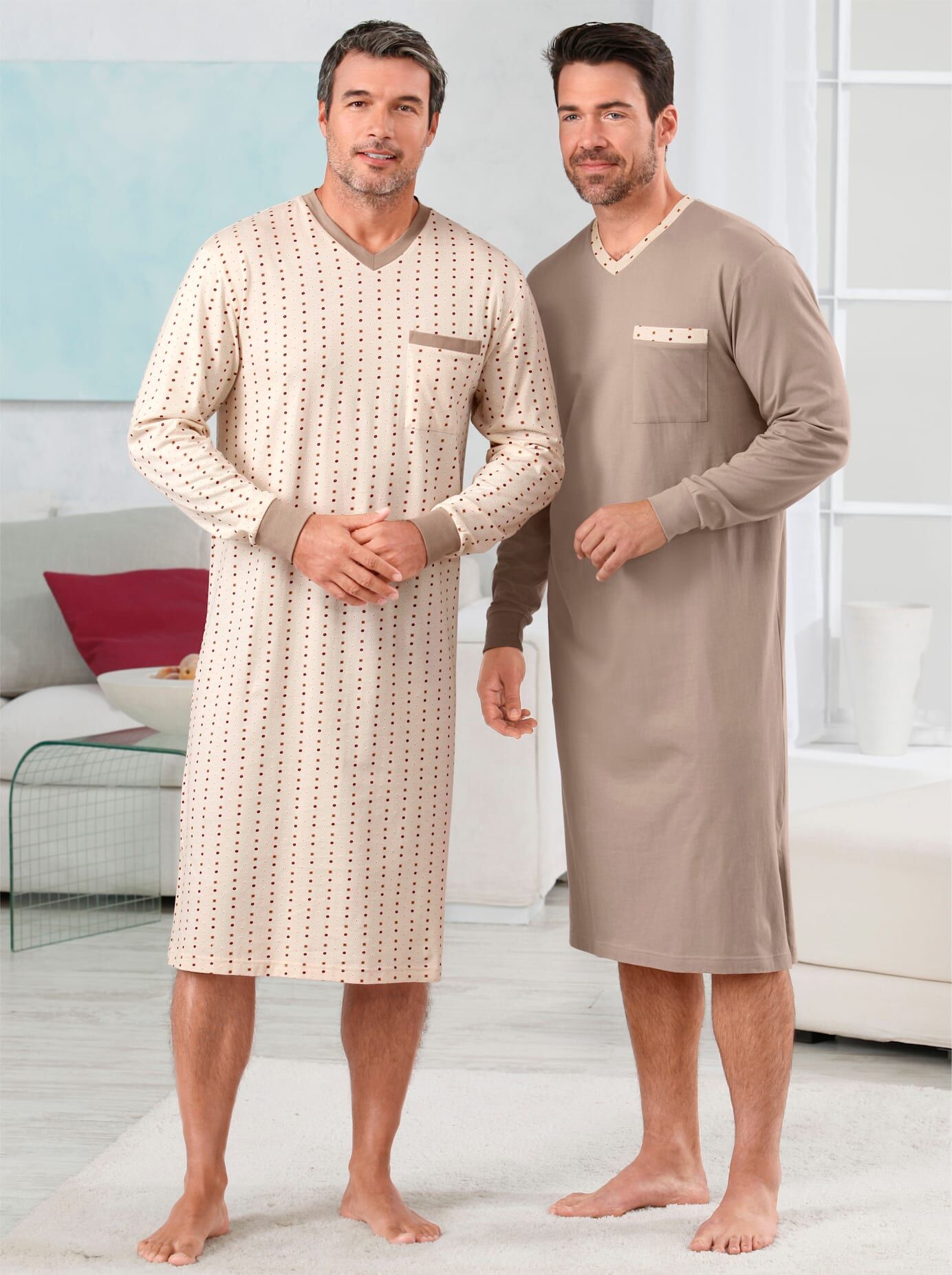 Nachthemd KINGS CLUB "Nachthemden", Herren, Gr. 52/54, Normalgrössen, Langarm, braun (braun, beige, bedruckt), 100% Baumwolle, bedruckt, gemustert, Kleider Nachthemd braun, beige, bedruckt 52/54, Normalgrössen, Langarm
