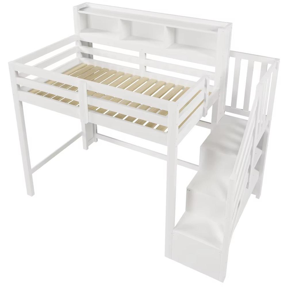 Multifunktionales Hochbett - Bettgestell - 90 x 200 cm - LED-Beleuchtung - Stauraum - Kiefernholz - Weiß - Matratze nicht enthalten