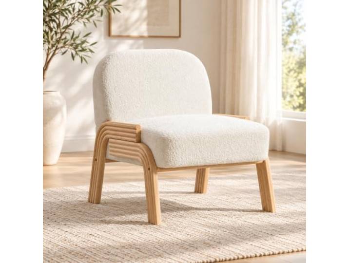 Loungesessel Chenille Polstersessel mit Holzbeinen fürs Wohnzimmer Weicher Chenille-Sessel in skandinavischer Optik mit rundem Rücken, Holzrahmen und 136 kg Tragfähigkeit