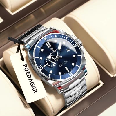 Youfap Market Waterproof Luminous Date Men's Watches Stainless Steel Business Quartz Luxury Wristwatch For Men silver Blue