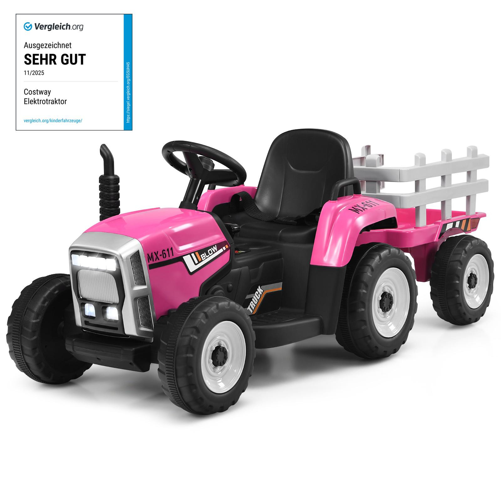 Costway Kinderrijdtoestel Tractor met Aanhanger en Afstandsbediening, 12V, Roze
