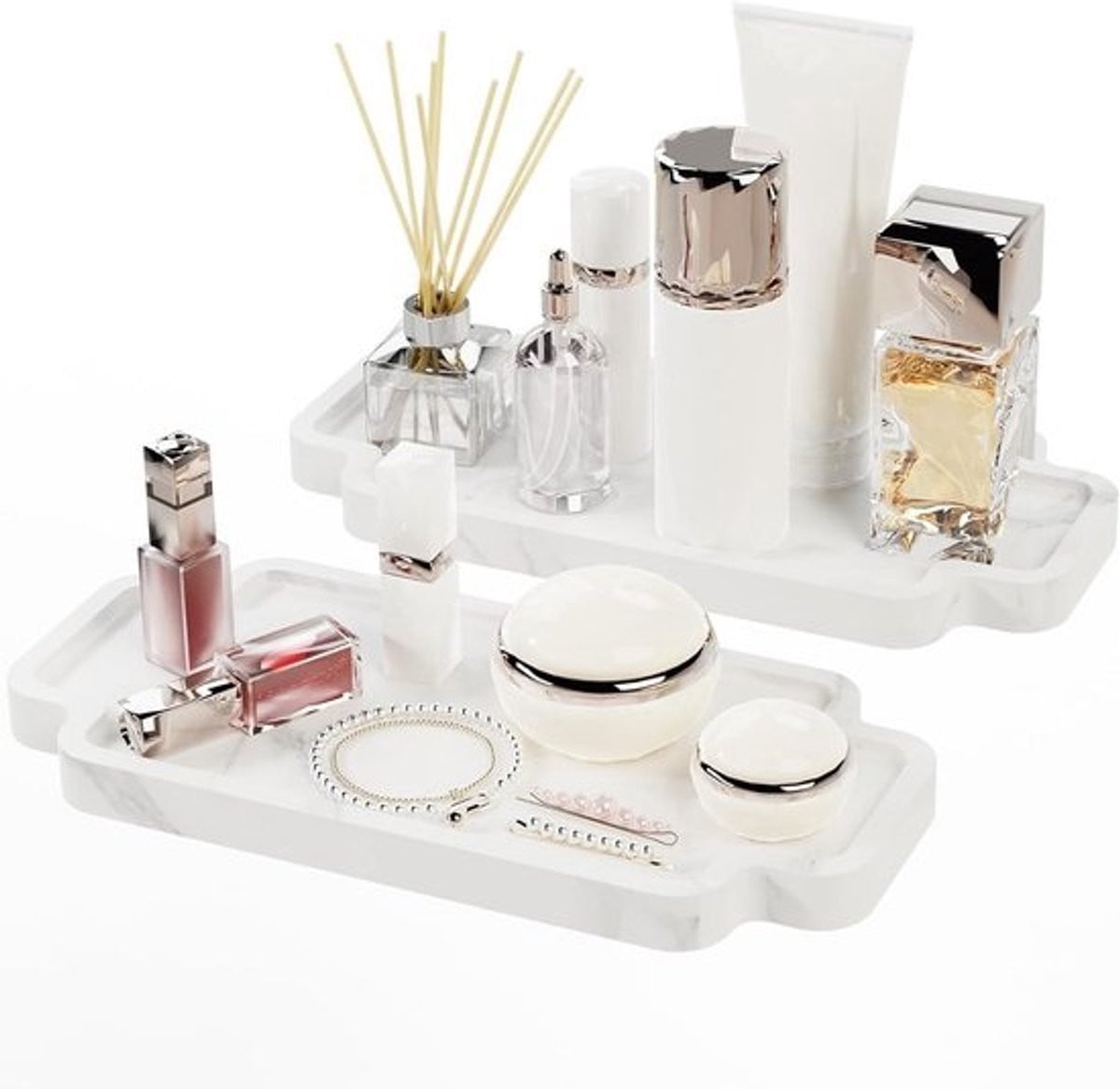 2x Decoratief Dienblad Wit Marmer - Sieraden, Cosmetica & Badkamer Organizer