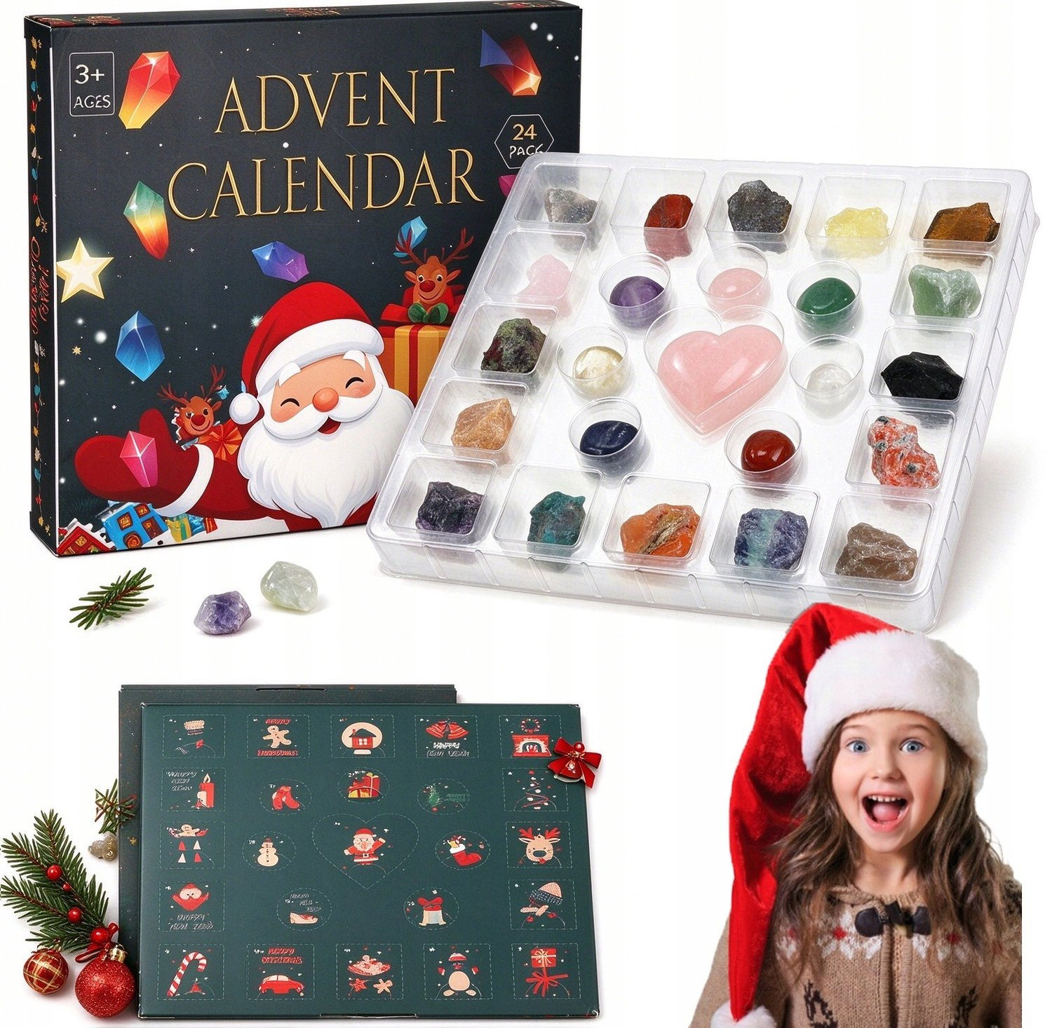 SUPVOX Kristallen Adventskalender 2026 met 24 Natuurlijke Mineralen en Edelstenen en Beschrijvingskaart