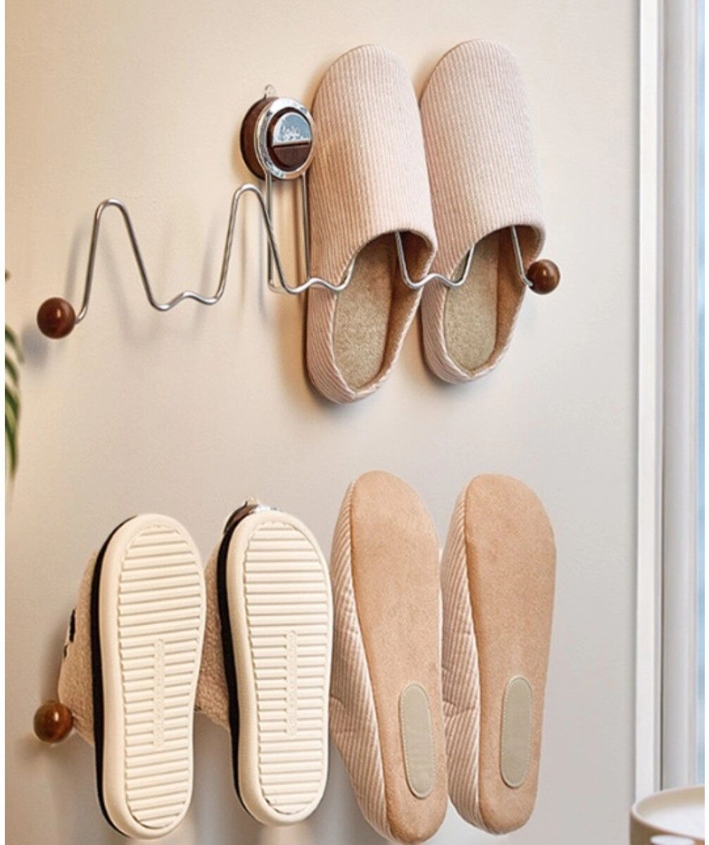INF Ohne-Bohren-Schuhregal mit doppelten Saugnäpfen, N-förmiges Anti-Fall-Design, ABS+Edelstahl, Mehrere Farben, L53.5cm x Dunkle Holzfarbe