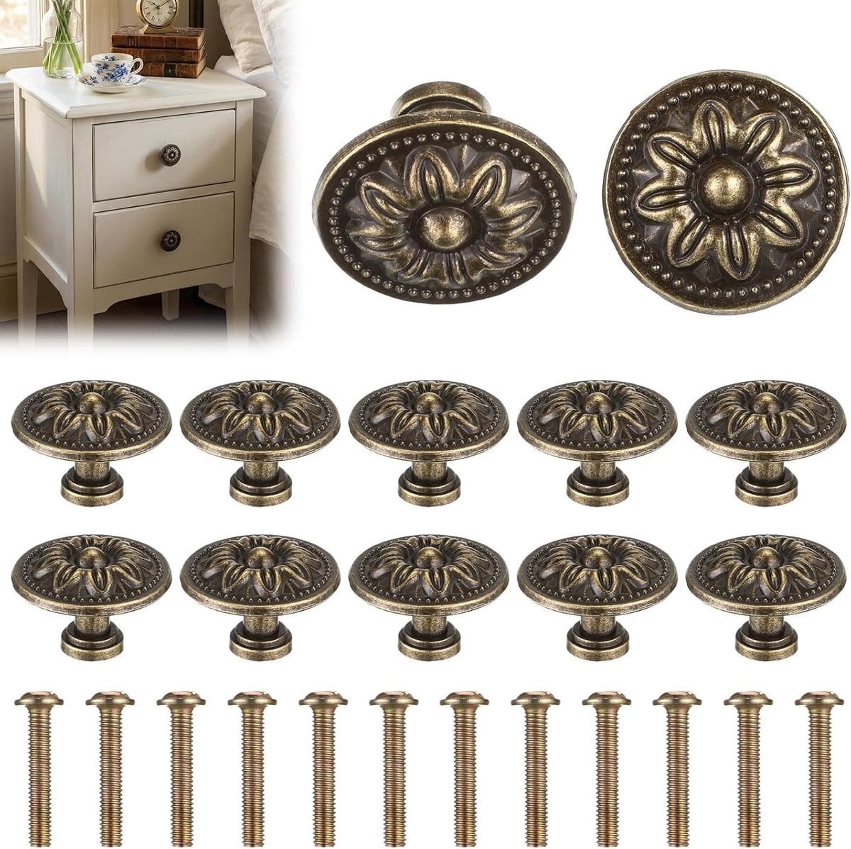 Set van 12 antieke bronzen kastknoppen voor vintage meubels, lades en kasten