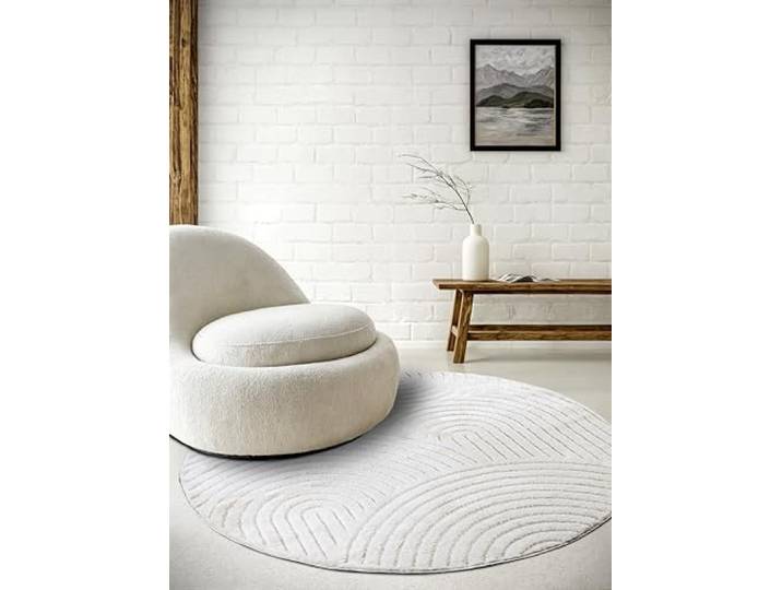 Elle Decoration Panglao moderner Kurzflor Teppich - Wohnzimmerteppich Flauschig – Hoch-Tief Effekt Skandi Boho Geometrisch Wellen, Bogen - für Wohnzimmer, Schlafzimmer, Küche - Weiß, 200cm