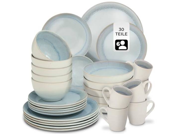 tectake® 30tlg. Kombiservice 6 Personen, Steingut Geschirrset 6 Personen, handgefertigtes Teller Set mit Schüsseln und Tassen, Geschirr Set spülmaschinen- und mikrowellengeeignet - Shore Stone