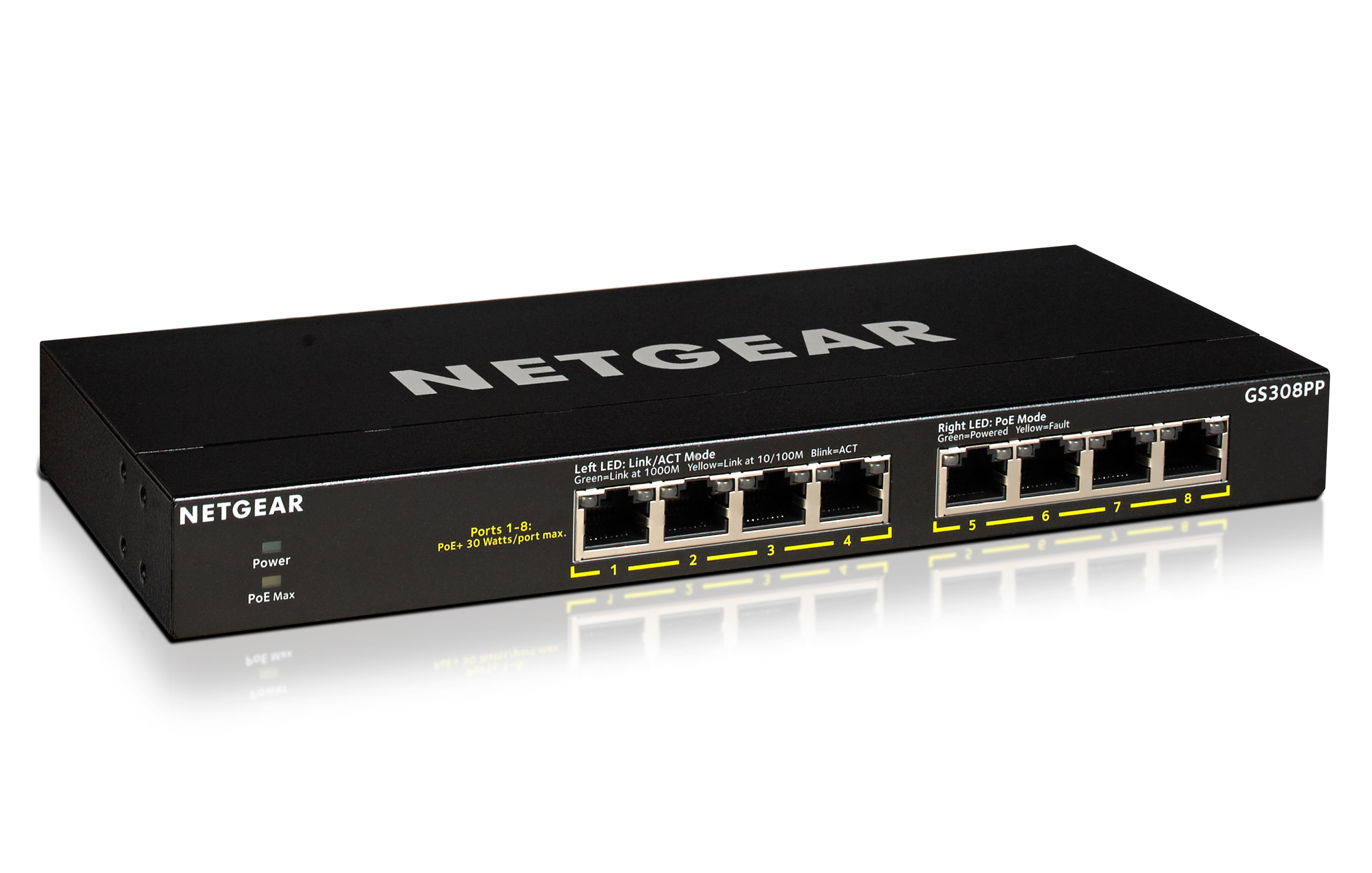 NETGEAR 8-Port Gigabit Ethernet Unmanaged Essentials PoE+ Switch (GS308PP): mit 8 x PoE+ bei 83 W, Desktop- oder Wandbefestigung