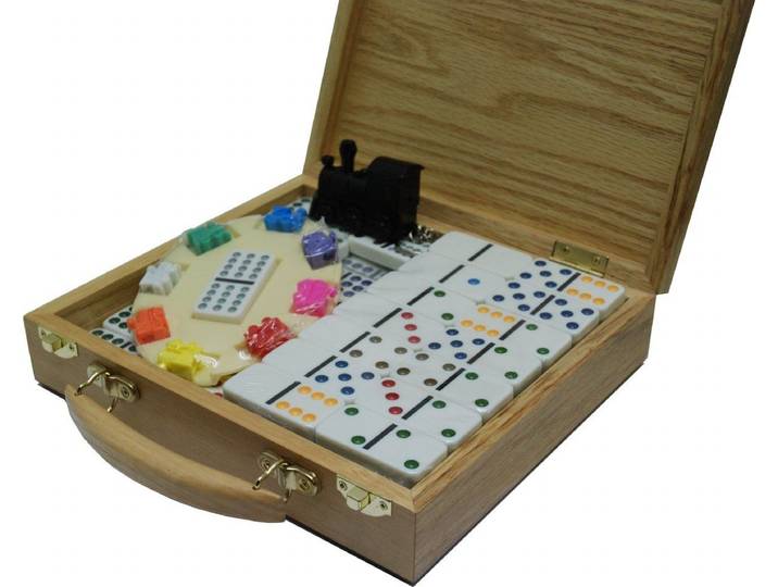 HOT Games Domino - Dubbel 12 Mexican Train - Houten kist met 8 treintjes