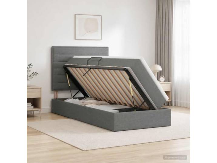 Bett mit Stauraum und Matratze, Dunkelgrau, 90 x 190 cm Ecle Gestell schwarz Höhe 48,5 cm Hydraulik Seitenlift Matratze mittlere Steifigkeit großes Fach Schlafzimmer
