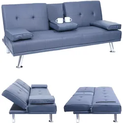 3er-Sofa MCW-F60, Couch Schlafsofa Gästebett, Tassenhalter verstellbar 97x166cm ~ Kunstleder, dunkelblau