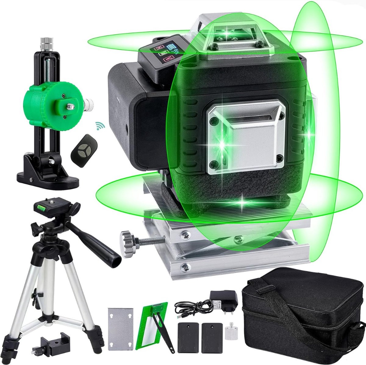 Zelfnivellerende groene laser waterpas met oplaadbare accu, zwart