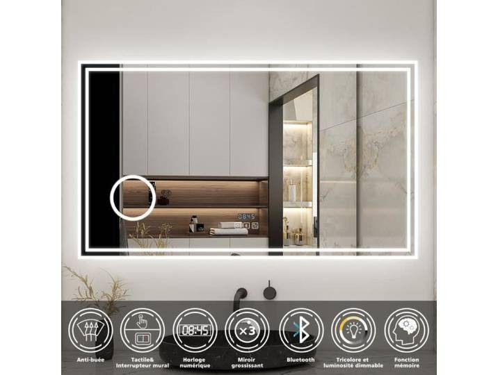 Miroir de salle de bain LED avec anti-buée Bluetooth horloge et miroir grossissant 3x - 100cm(L)x60cm(H)