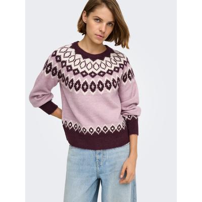 Strickpullover ONLY "ONLRUSTY LS ISLE O-NECK BF KNT", Damen, Gr. M, lila (fig pattern:keepsake lila, birch, mel), Strick, Obermaterial: 72% Polyacryl, 25% Polyester, 3% Elasthan, gemustert, regular fit normal, Rundhals, Pullover Strickpullover,...