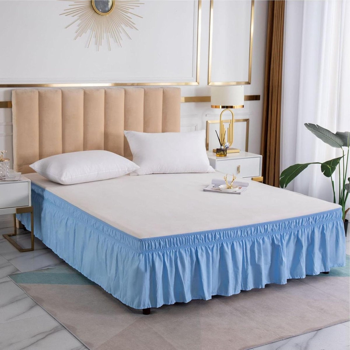 Lichtblauw Bedrok met Ruches - Queen Bedrok Spreihoes met Elastische Band - 60x80+38 cm