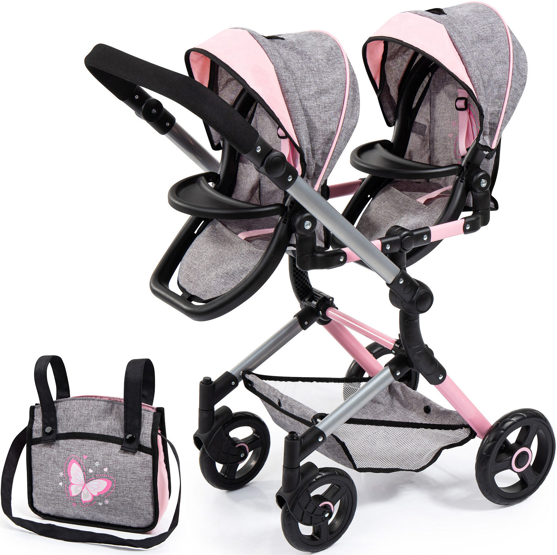 Puppen-Zwillingsbuggy BAYER "Twin Neo", grau (schmetterling grau, rosa), Puppenwagen, KinderB:41,5cm H:81cm T:81,5cm, Kunststoff, Metall, Stoff, Puppen-Zwillingsbuggy, mit Wickeltasche, B:41,5cm H:81cm T:81,5cm