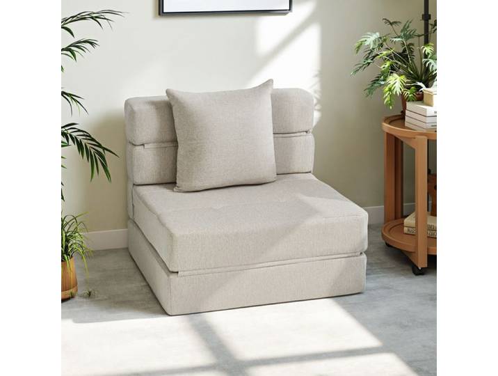 Chauffeuse canapé-lit convertible fauteuil 1 place avec 1 coussin déhoussable tissu beige
