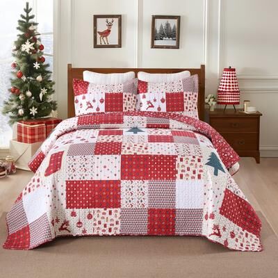MarCielo Polyester Christmas Patchwork Quilt Bedspread Set