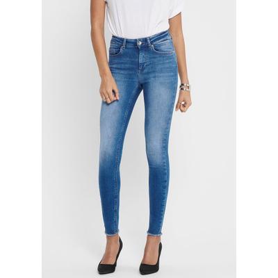Ankle-Jeans ONLY "ONLBLUSH – Ankle-Jeans mit offenen Säumen für moderne Looks", Damen, Gr. XL (42), Länge 32, blau (medium blau denim), Denim/Jeans, Obermaterial: 92% Baumwolle, 6% Polyester, 2% Elasthan, Abriebeffekte, skinny fit, Jeans,...