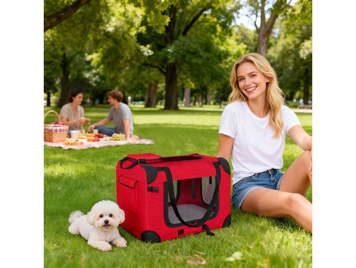 PawHut Transporteur Pliable 60cm Rouge avec Fenêtres et Coussin