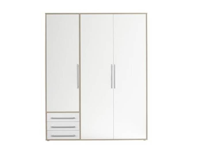 LYSS Kleiderschrank 3-türig Weiß Eiche San Remo 155 x 194 x 58 cm (B/H/T) Schlafzimmerschrank mit 2 Einlegeböden, 3 Schubkästen, 1 Kleiderstange und 1 festem Boden im Wohnstil Weiß-Eiche