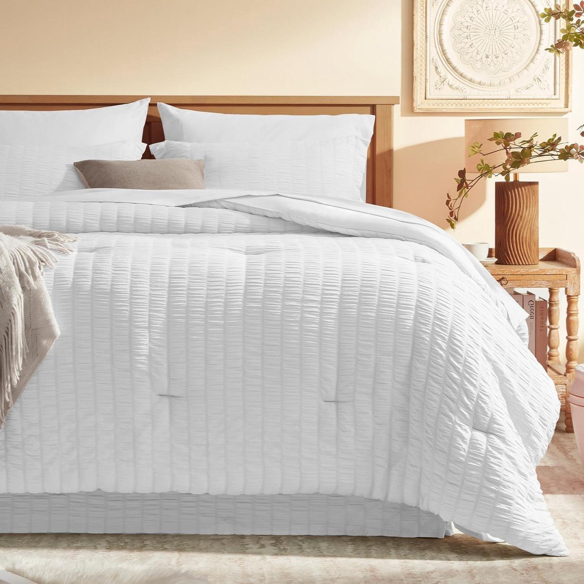 8-delig Dekbedset Queen met Seersucker Textuur - Wit
