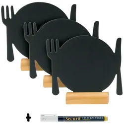 Securit® 3er-Set Mini-Tischtafeln - Teller-Silhouette - Holzsockel - Kreidestift inklusive