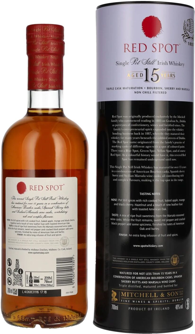 Spot Whiskey Red Spot 15 Years Old Single Pot Still Irish Whiskey 46% Vol. 0,7l in Tinbox