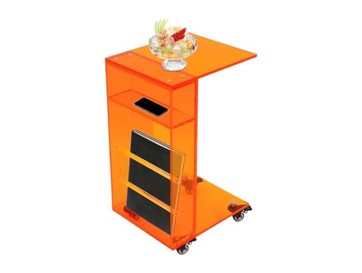 Acryl Beistelltisch mit Rollen, C-Form Beistelltisch mit 3 Ablagen(Orange) 35x30x55cm, Kleine Sofatisch mit Bremsen, Beistelltisch auf Rollen für Wohnzimmer Schlafzimmer Büro