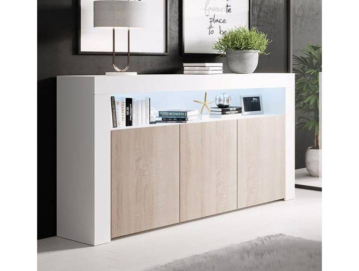 Buffet bas - DESIGN AMEUBLEMENT - Aker - 3 portes - LED intégré - Blanc et Sonoma brillant