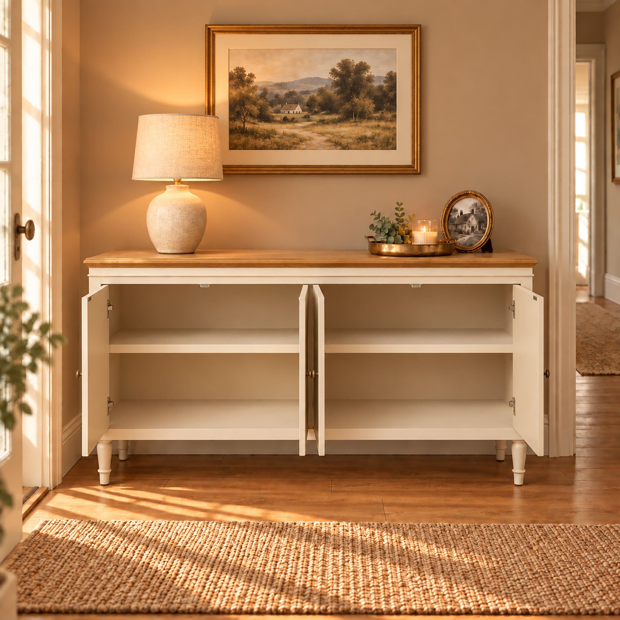 Large Cream & Wooden 4 Door Sideboard - Claudia Range Wood, Metal