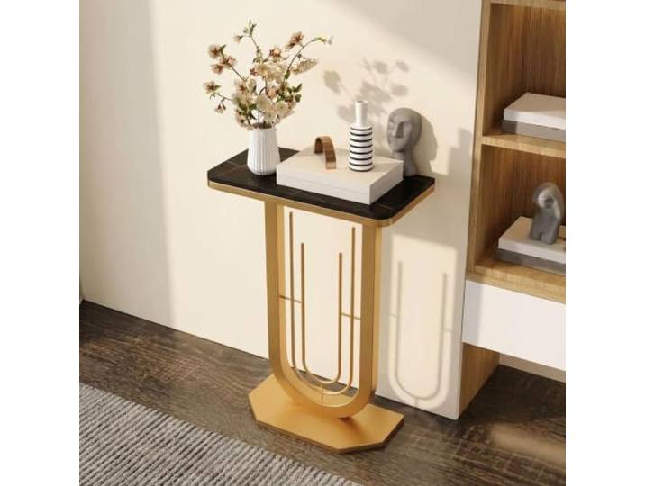 YTSJXN Moderner Konsolentisch schmal, Beistelltisch Flur, U-Gestell Metall Flurtisch Schmal, Moderne Sofatisch, Sintersteinplatte, Stabile Eisenrahmen, Platzsparendes U-Design(Gold Black,60X30X75CM)