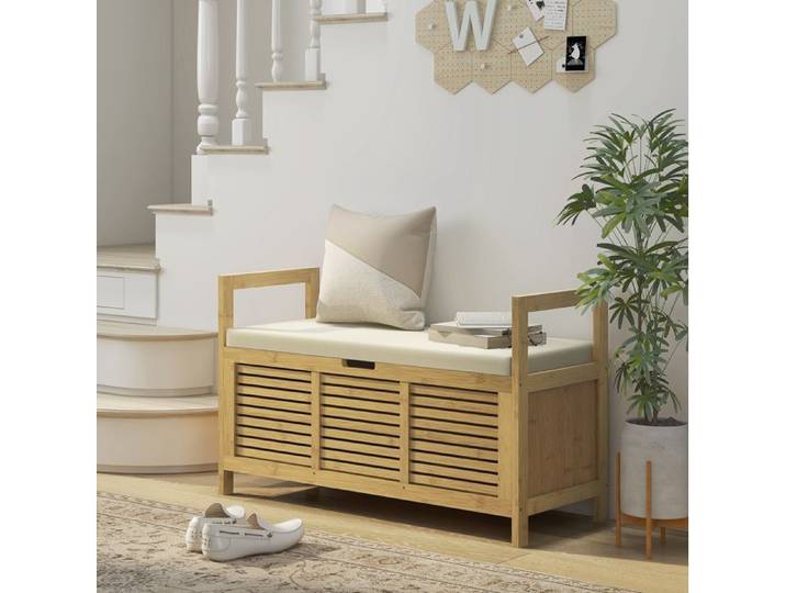 Banc A Chaussures En Bambou Naturel Banc D'Entree Moderne FloraGrace Pour Entree Et Couloir Avec Rangement Cache 100x40x60cm