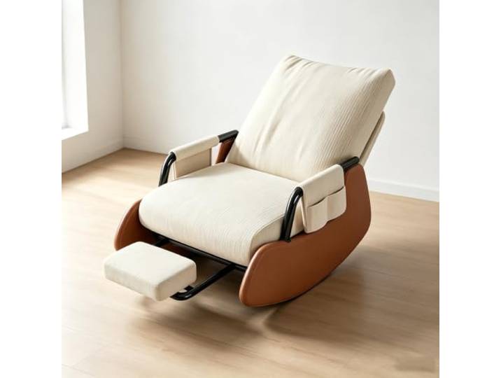 LCNDKF Schaukelstuhl Wohnzimmer mit Breiter 60cm Sitzfläche Ergonomischer Schaukelstuhl mit ausziehbarer Fußstütze und Seitentasche für tägliche Entspannung.