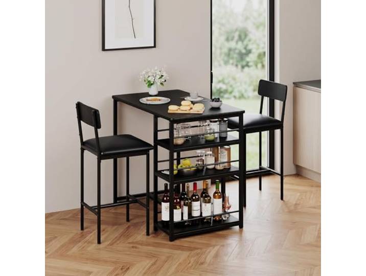 Koioplie Esszimmermöbel 3-teiliges Set – Bartisch mit 2 gepolsterten Stühlen & 3 Ablagen, platzsparend, ideal für kleine Küchen, Apartments, Frühstück oder Bistro, aus Holz – Farbe: Schwarz, Variante: