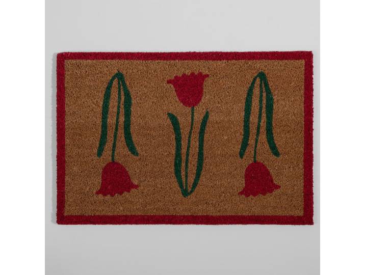 Fußmatte aus Kokosfaser mit grün-rosa Blumenmuster, 60 x 40 cm
