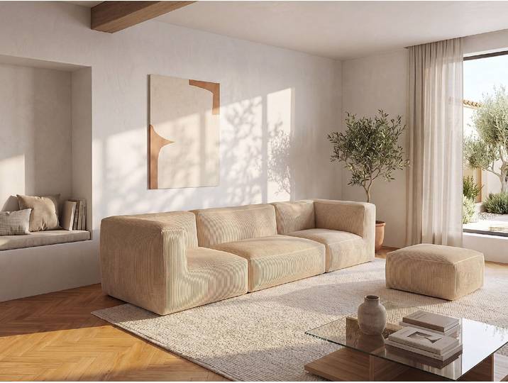 Sofa mit Hocker - beliebig kombinierbar - Cord - Beige - NOUMARA
