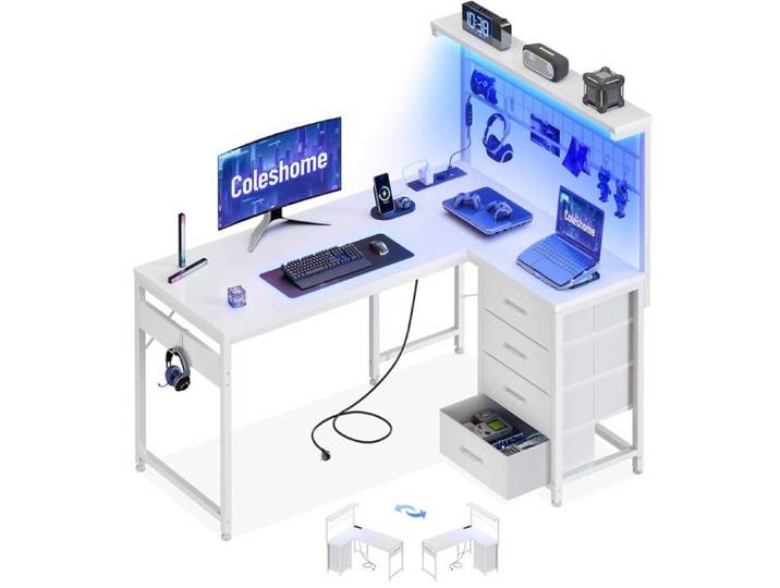 Bureau Gaming en L avec LED et Ports USB - 110x80 cm Blanc - Bureau d'Angle Informatique pour Setup Gamer Moderne